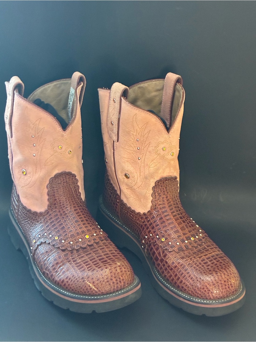 Ariat Fatbaby Gembaby Brown/Gator studded Rhinestone Western boots Sz 10B